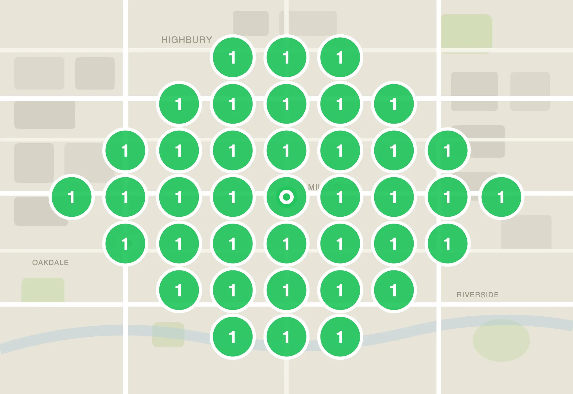Mapa pozycji w Google po współpracy: firma na pozycji 1 w całej okolicy